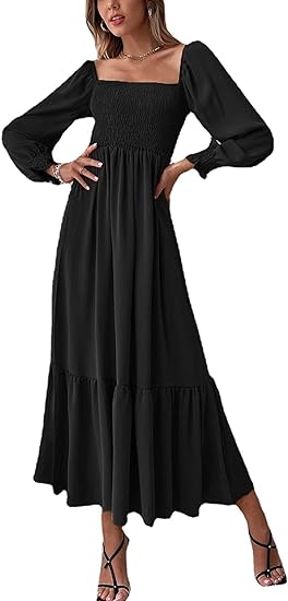 Women's Square Neck Puff Sleeve Hem Elegant Long Sleeve Maxi Dress
